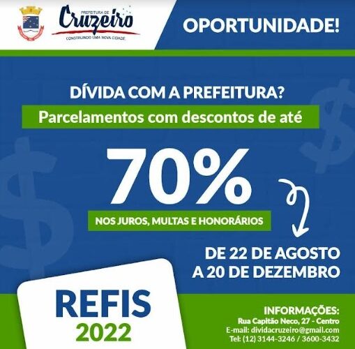 Cruzeiro -SPPrefeitura de Cruzeiro abre REFIS-2022 com prazo maior para facilitarpagamento de impostos pendentes
